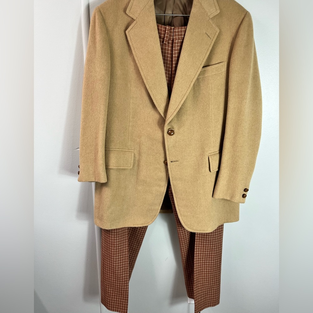 Hickey Freeman Custom 100% Camel Hair Suit Jacket with Plaid Pants 36” waist